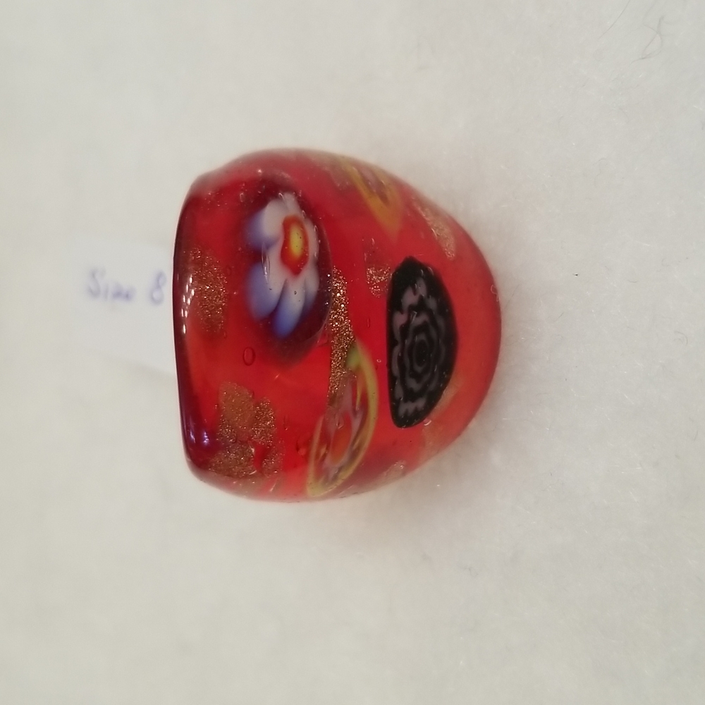 Murano Style Glass Millefiori Flowered Multicolored Dome Cocktail Ring US Seller
